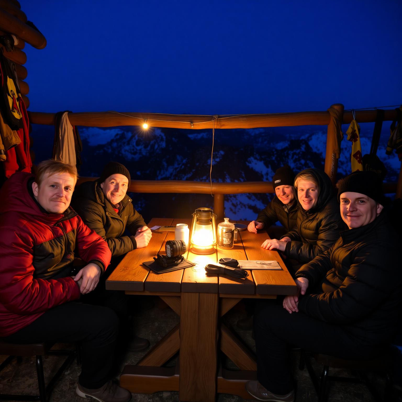 Männer an einem Holztisch in einer Berghütte am Abend, warmes Laternenlicht, Kletterausrüstung
