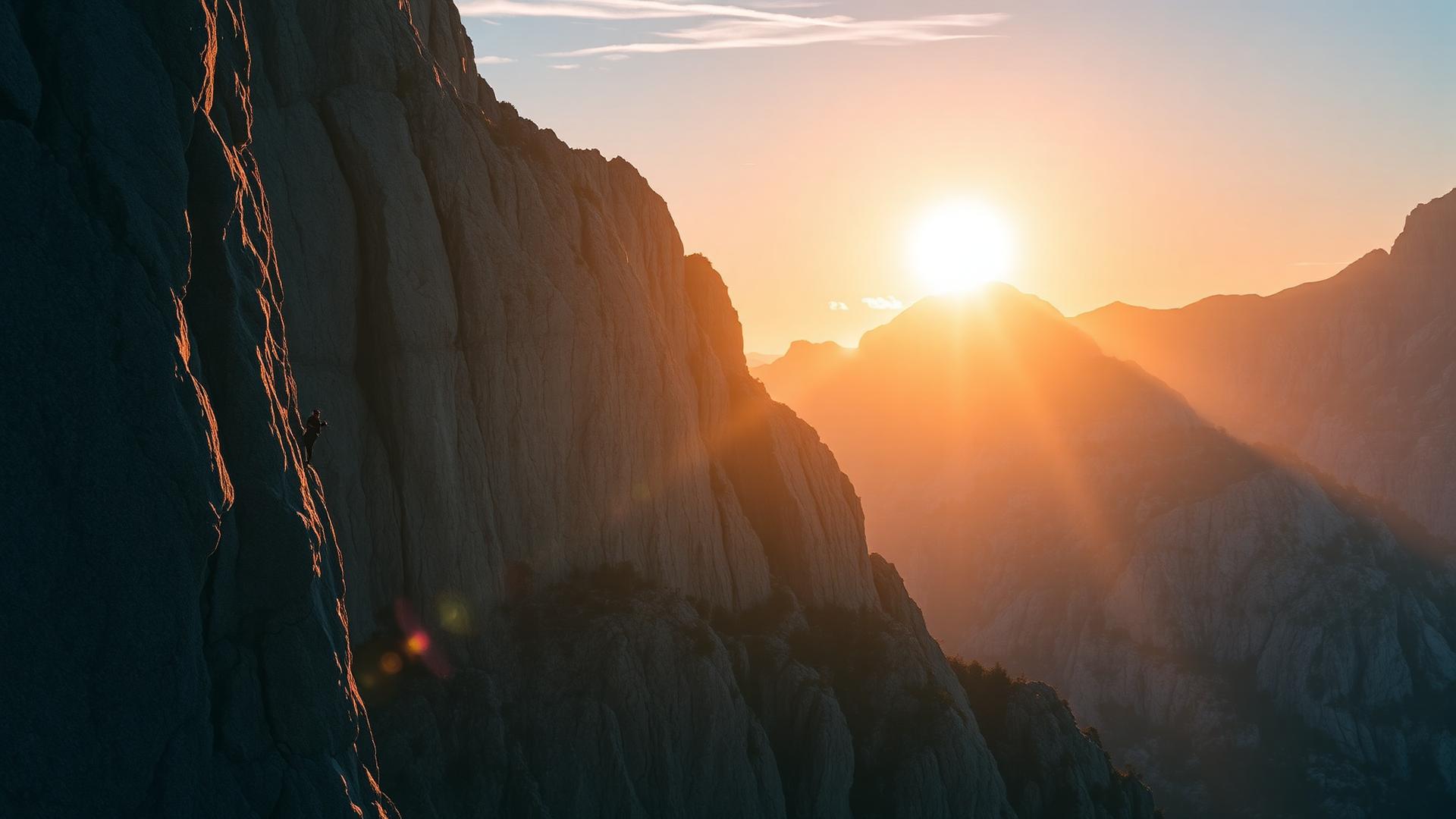 Dramatische Felswand im Sonnenaufgang, kleine Kletterfigur an der Wand