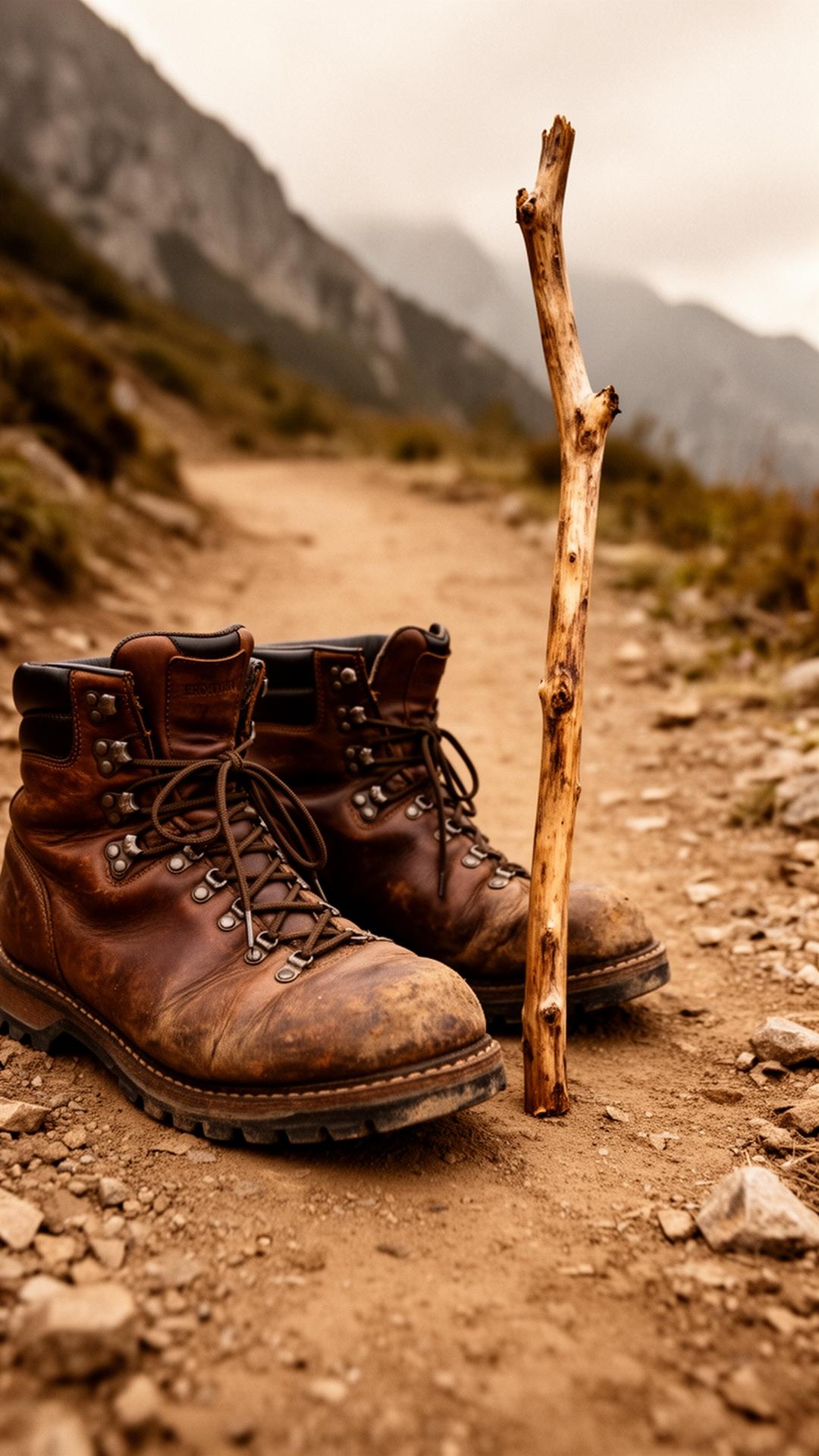 Detail: abgenutzte Lederwanderschuhe und ein hölzerner Wanderstock auf einem staubigen Bergpfad