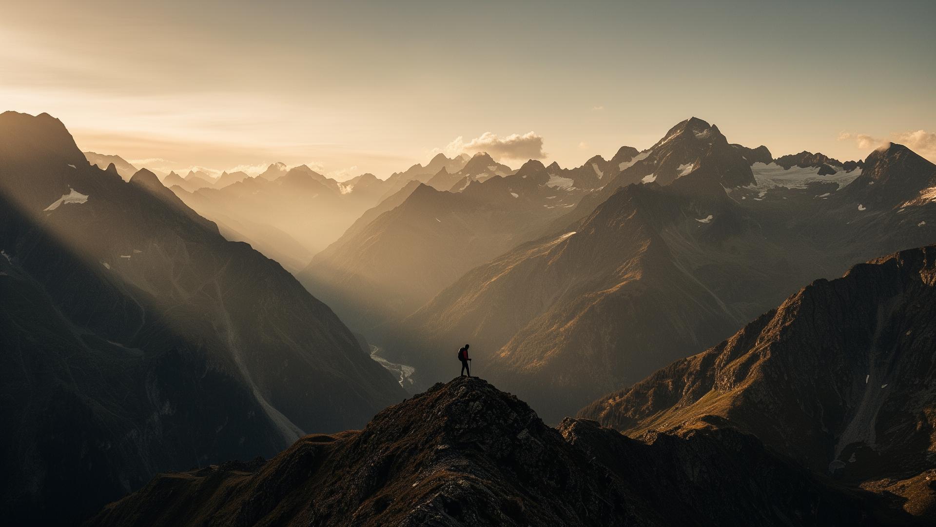 Dramatisches alpines Bergpanorama im goldenen Licht, kleine Wandererfigur auf einem Grat