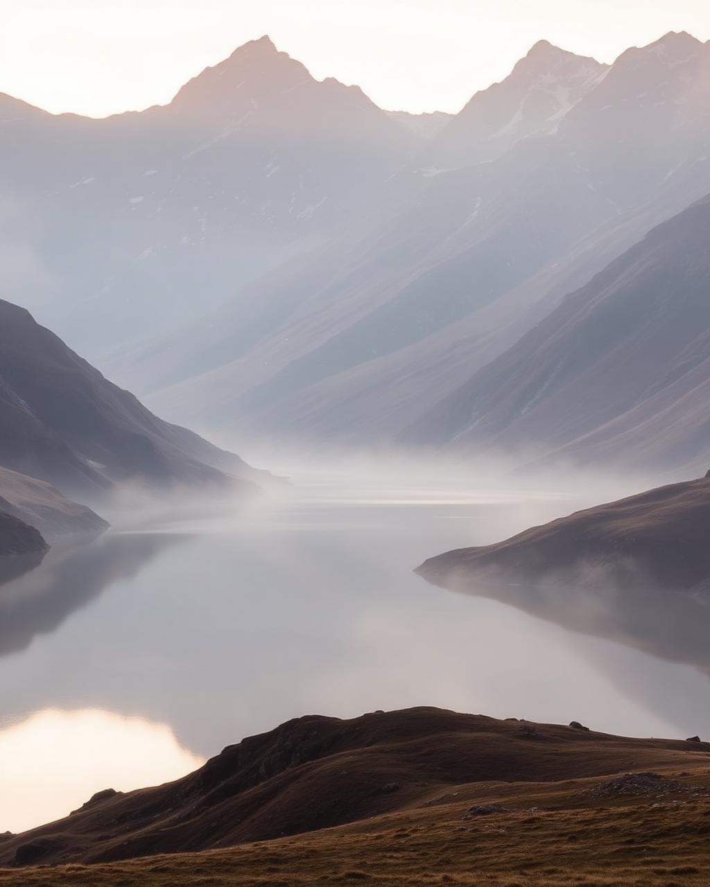 Stille alpine Berglandschaft im Morgennebel mit Spiegelung im See