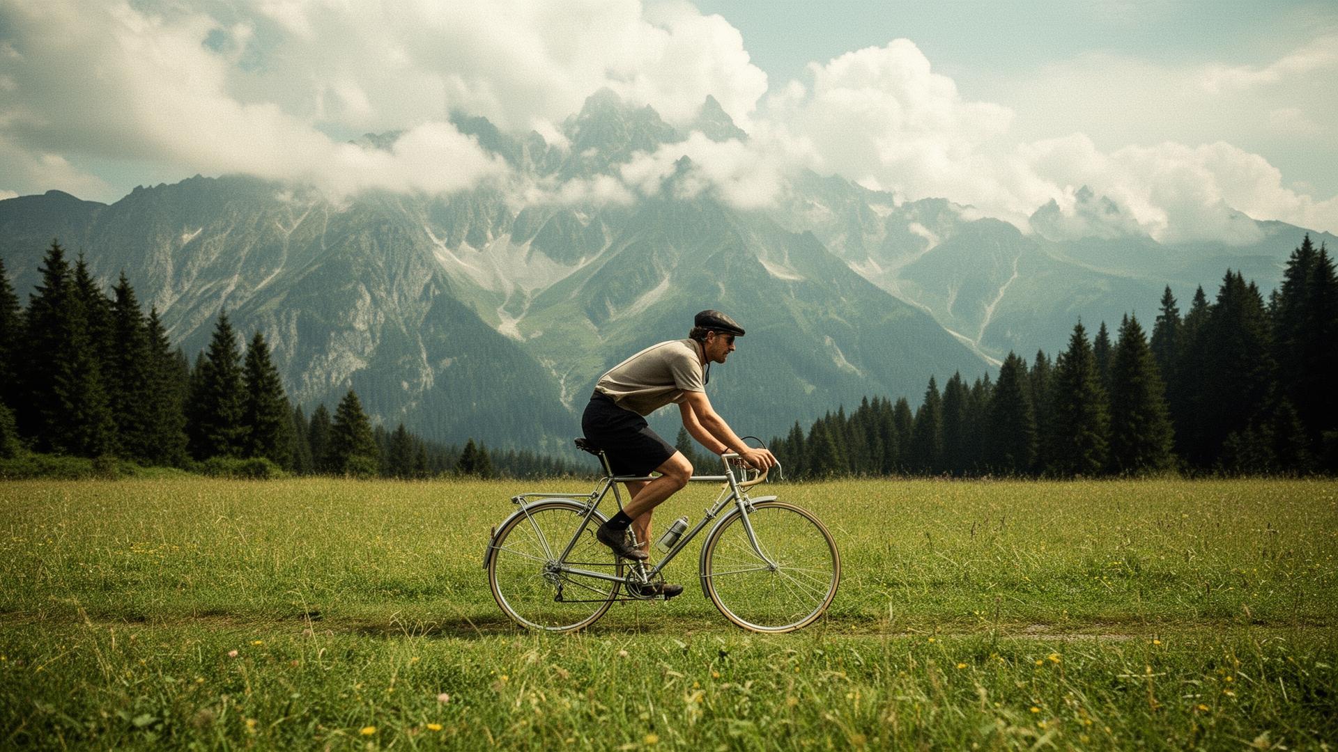 Einsamer Radfahrer auf einem Stahlrahmen vor einem dramatischen Alpenpanorama