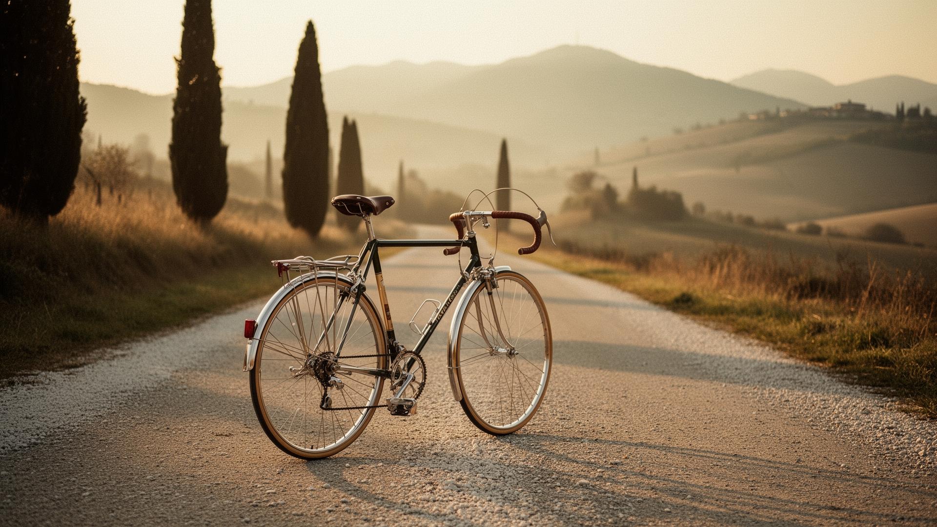 Klassisches Stahlrahmen-Rennrad auf einer einsamen Landstraße im warmen Morgenlicht
